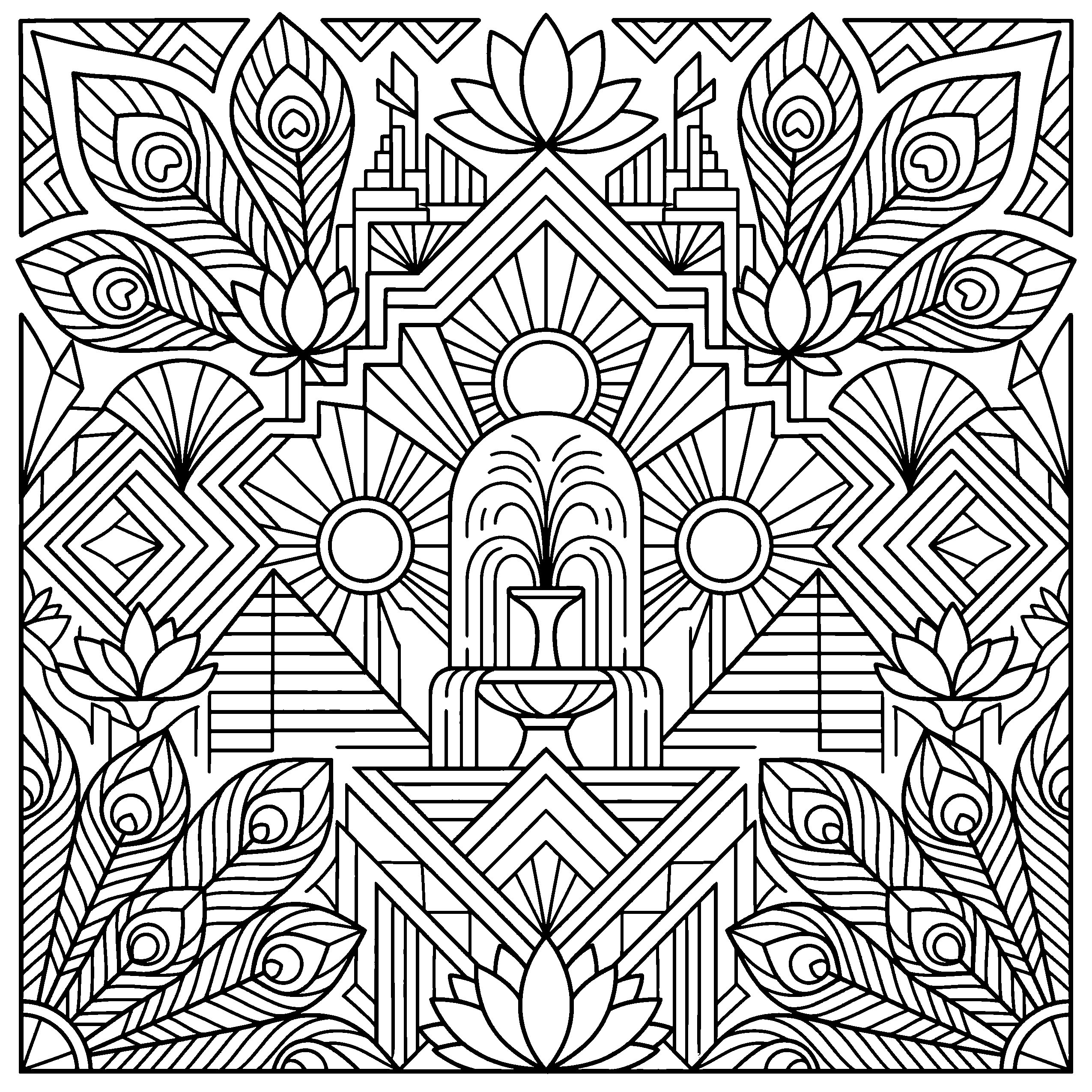 Art deco fountain coloring page with peacock feathers and geometric patterns
