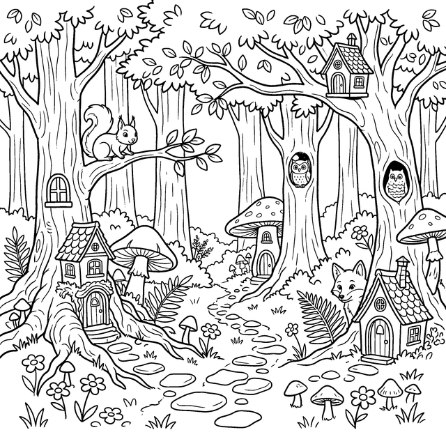 Enchanted forest coloring page with mushroom houses and animals