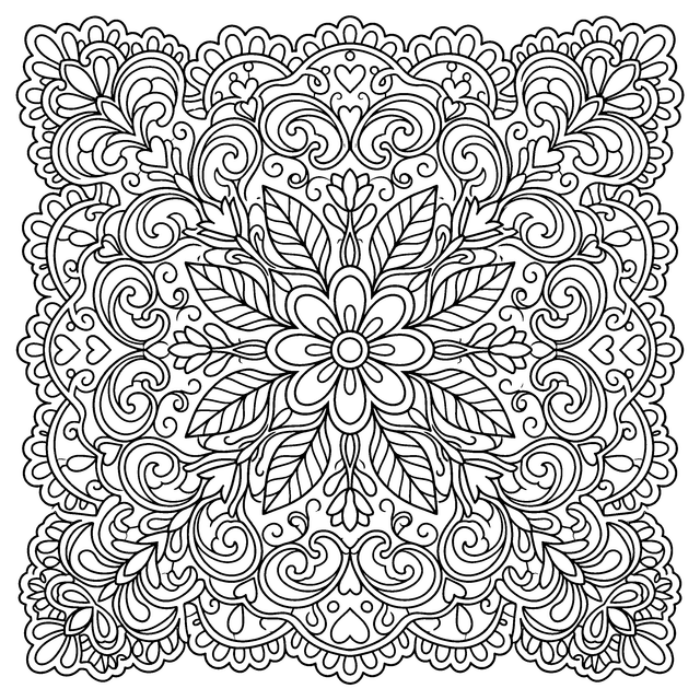 Mandala coloring page with floral hearts and swirls