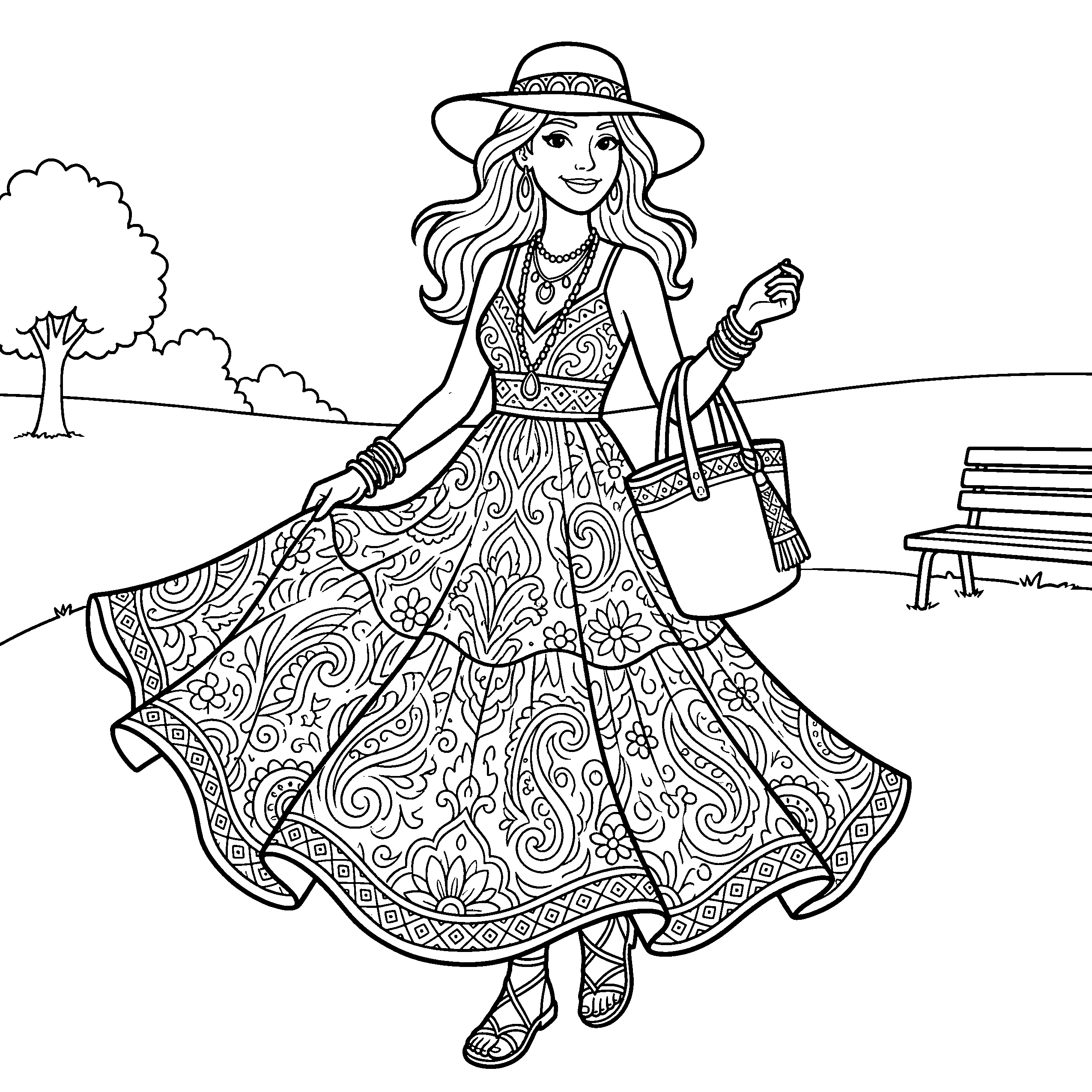 Boho woman coloring page with flowing dress and hat