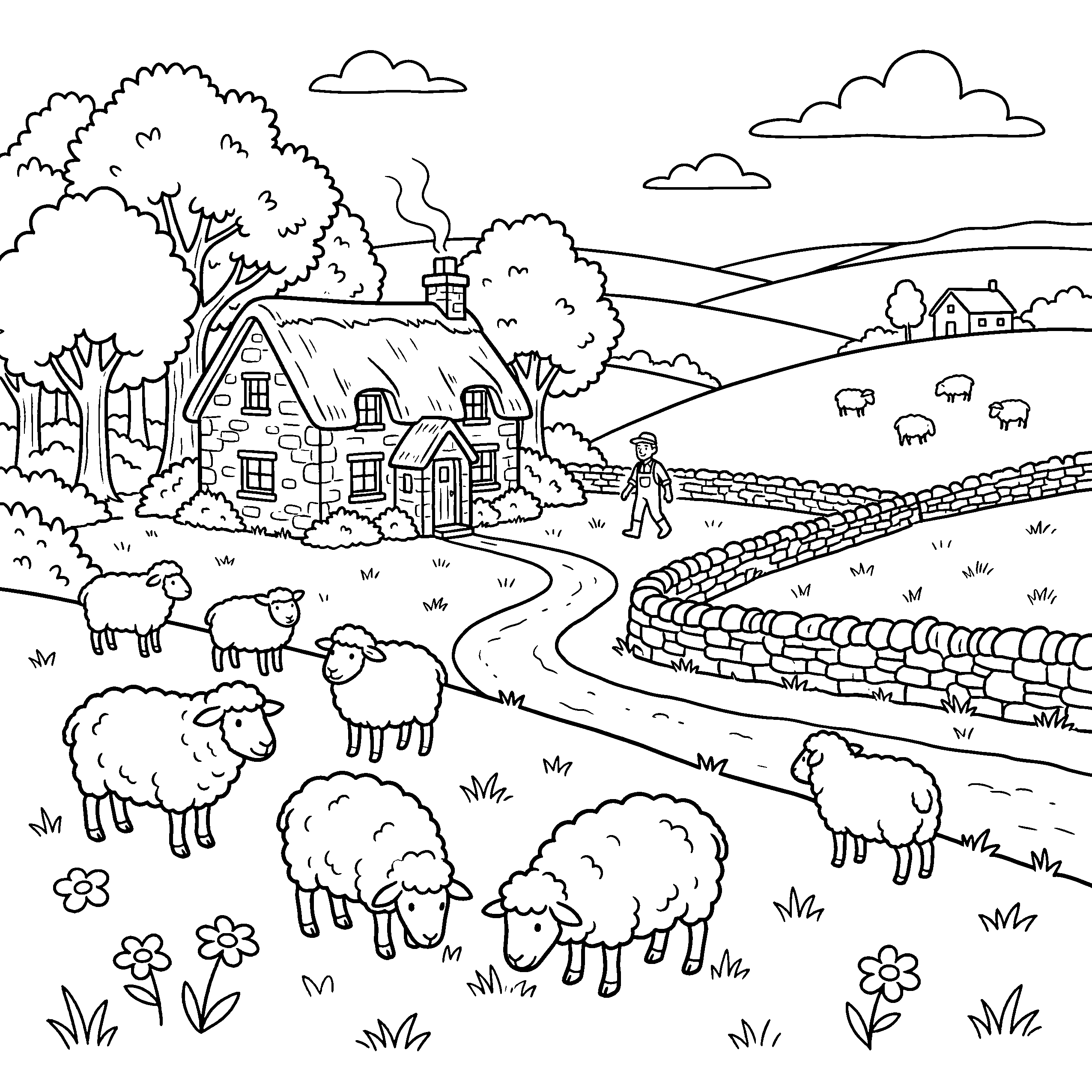 Countryside coloring page with sheep farm and cottage