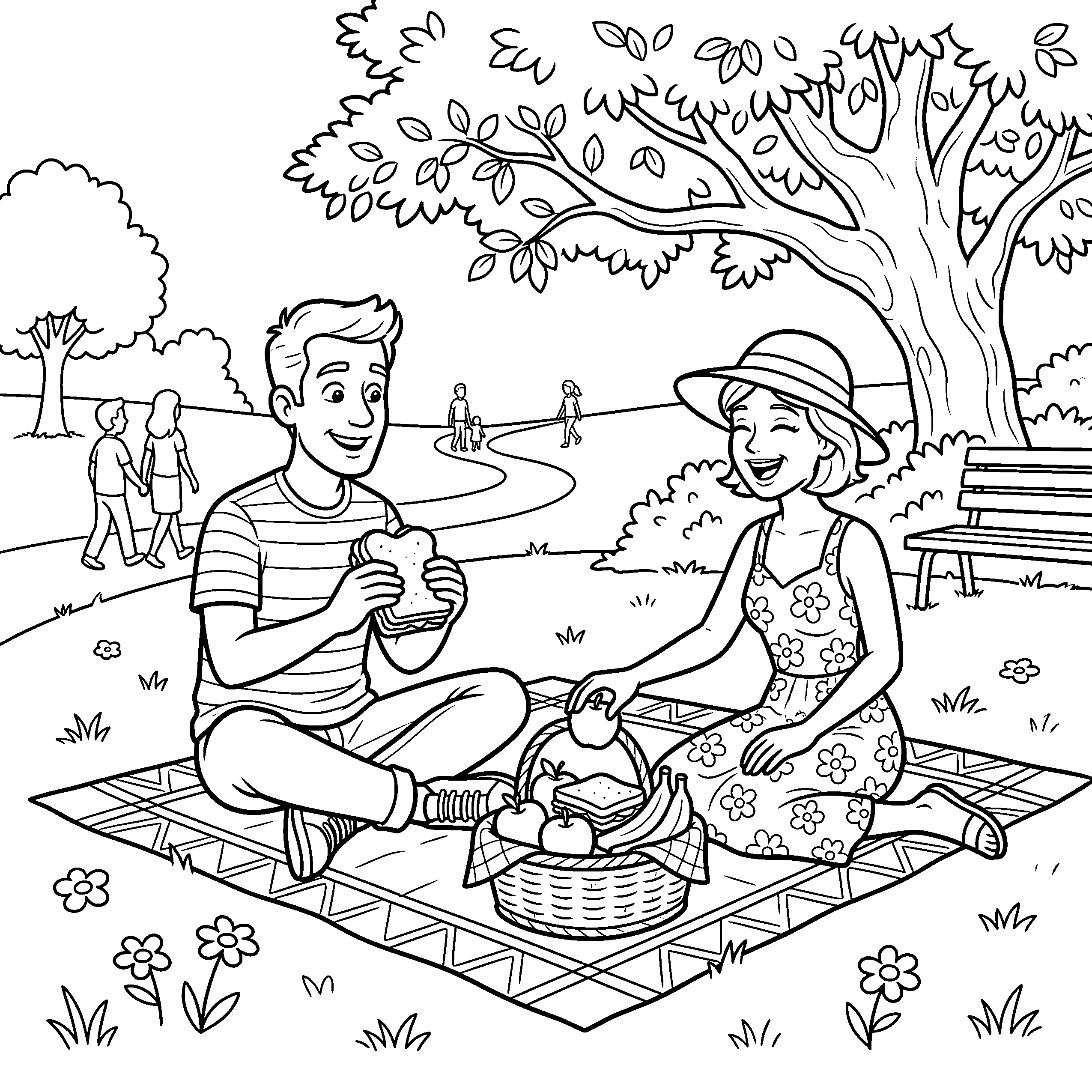 Couple in park coloring page with picnic basket