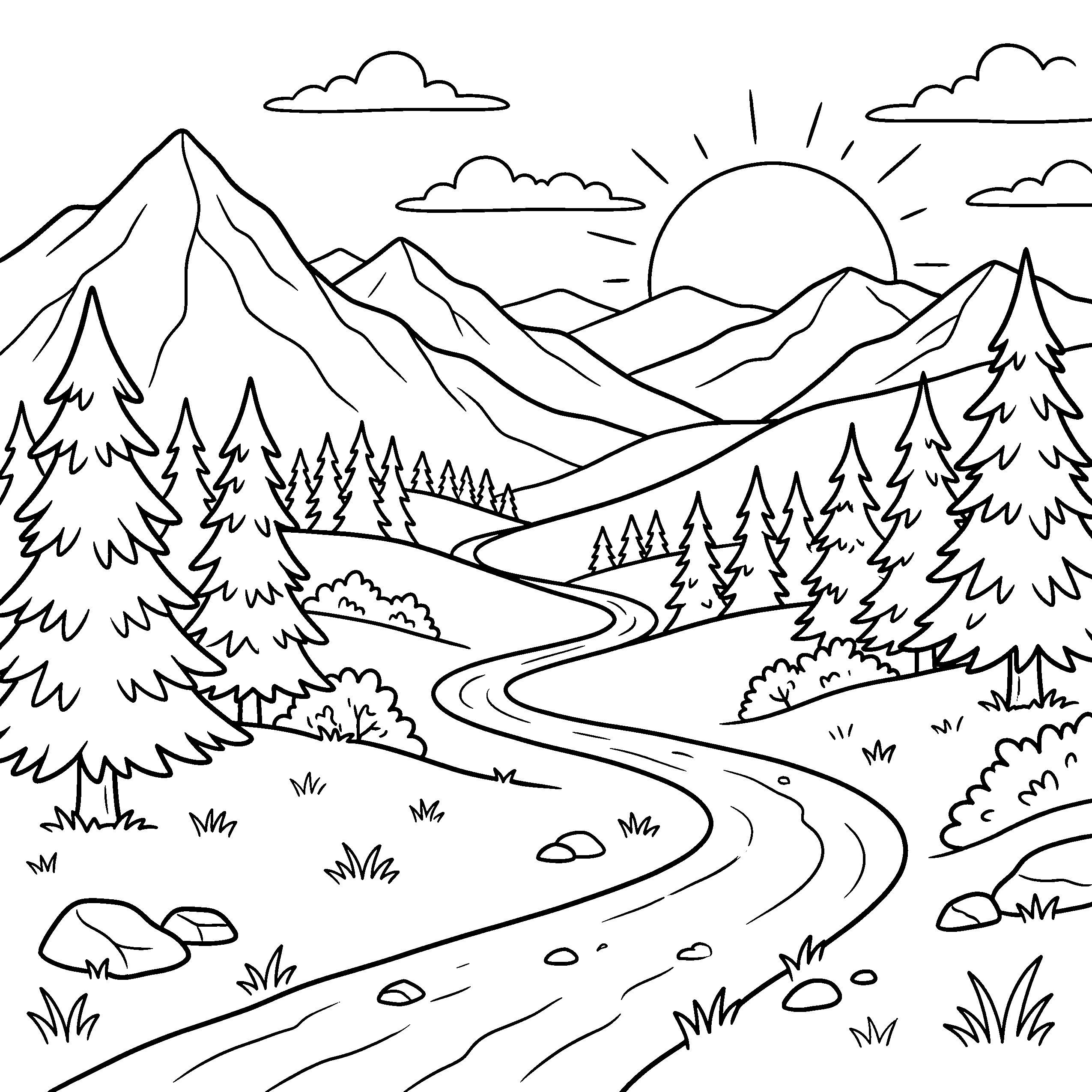 Mountain river coloring page with sunset and pine trees