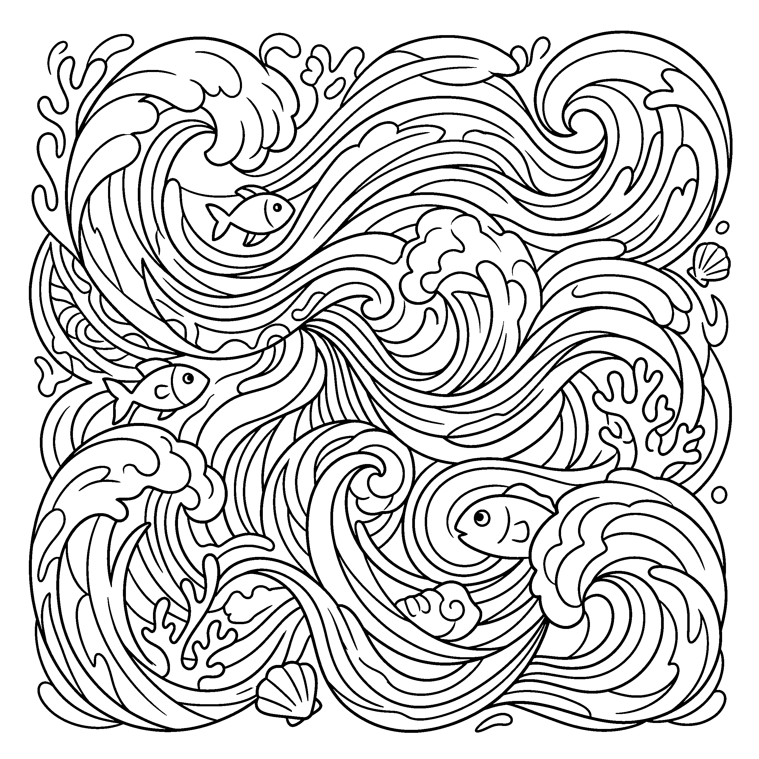 Ocean waves coloring page with fish and seashells